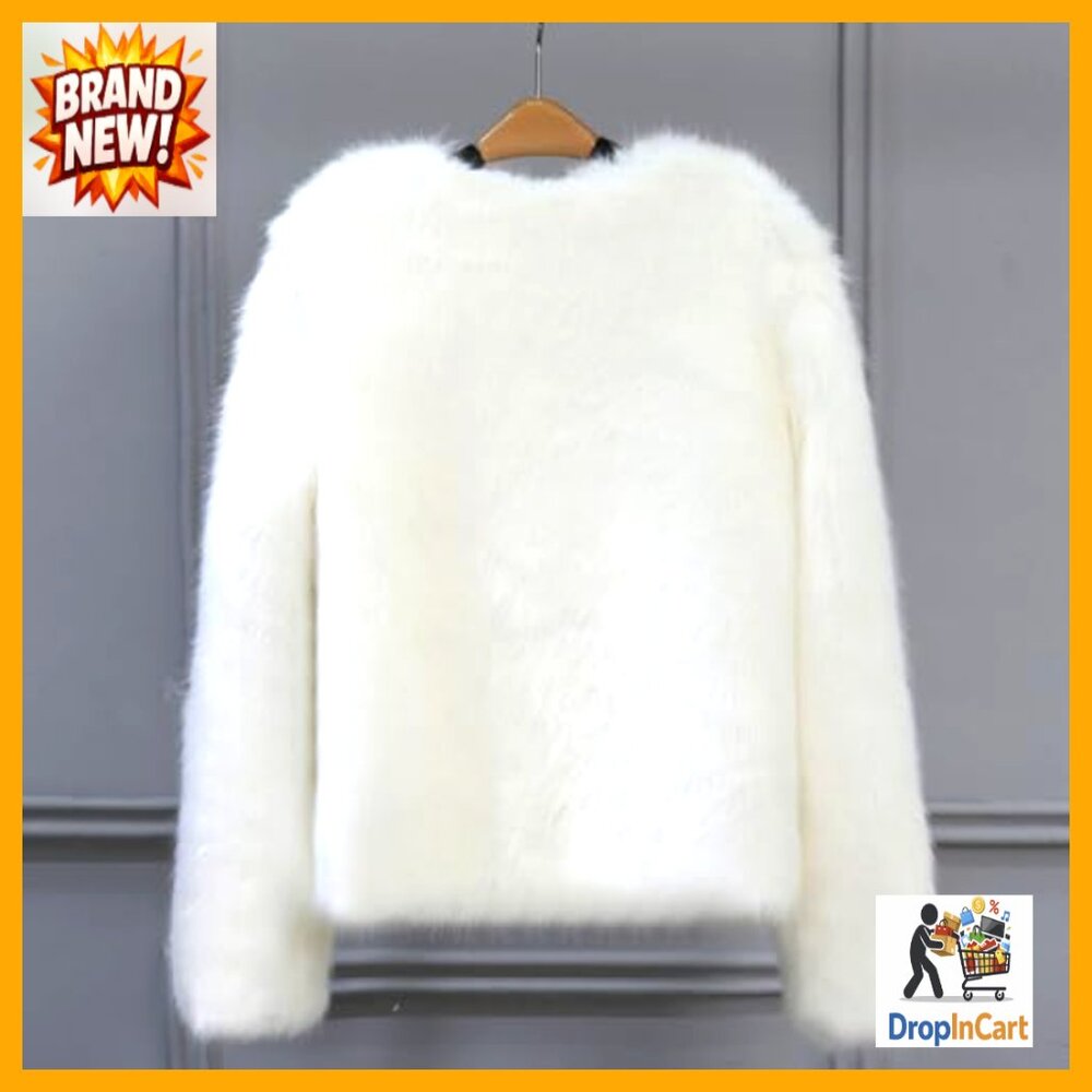 Faux Fur Cropped Jacket Long Sleeve Shaggy Fluffy Winter Coat Y2K Chic - Picture 3 of 6
